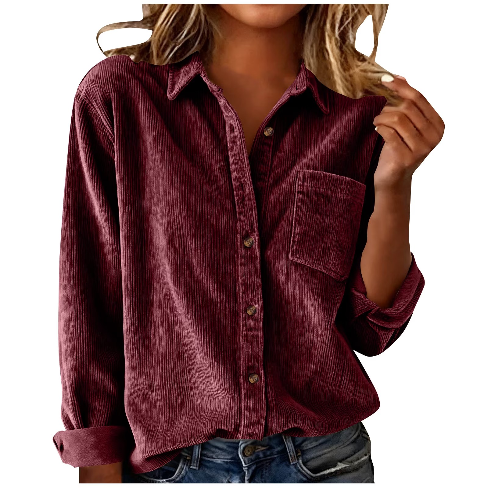 Womens Corduroy Button Down Shirts Casual Long Sleeve Tops Fall Winter Lapel Collar Fashion Loose Fit Cute Blouses with Pocket
