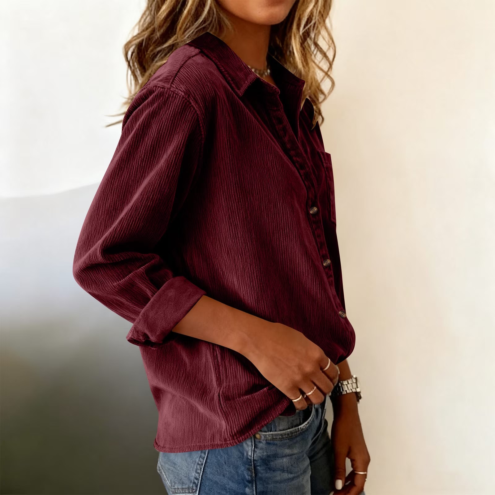 Womens Corduroy Button Down Shirts Casual Long Sleeve Tops Fall Winter Lapel Collar Fashion Loose Fit Cute Blouses with Pocket