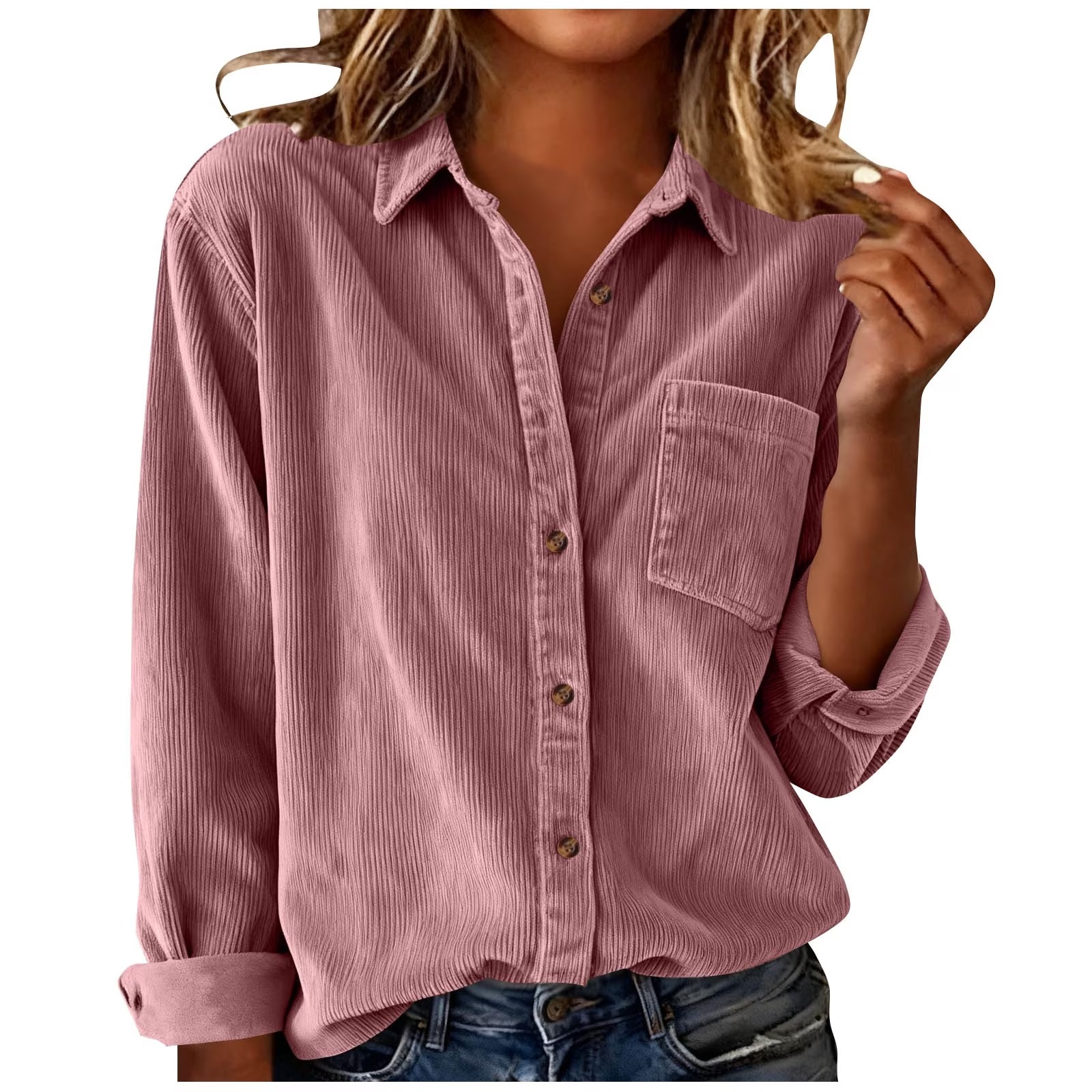Womens Corduroy Button Down Shirts Casual Long Sleeve Tops Fall Winter Lapel Collar Fashion Loose Fit Cute Blouses with Pocket