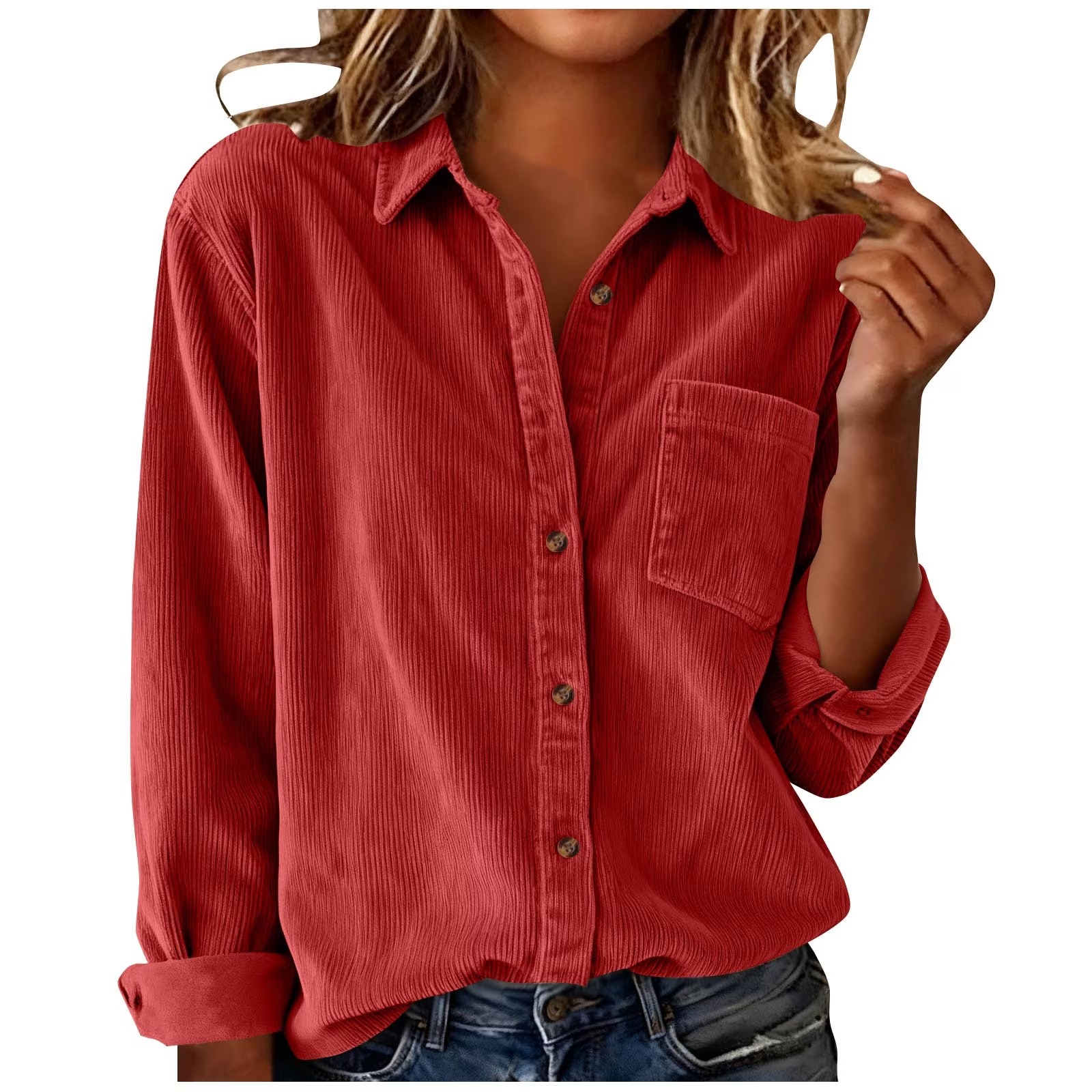 Womens Corduroy Button Down Shirts Casual Long Sleeve Tops Fall Winter Lapel Collar Fashion Loose Fit Cute Blouses with Pocket