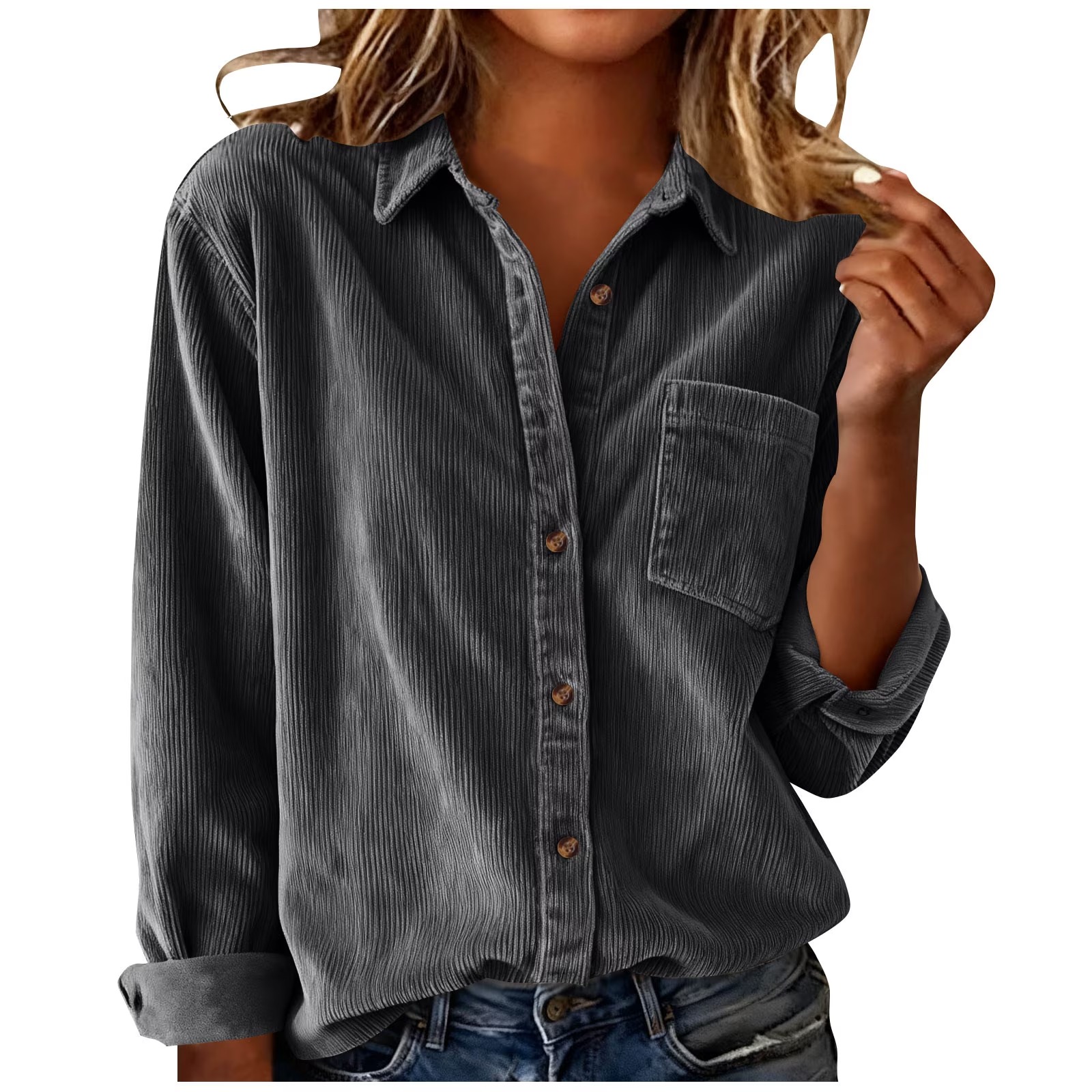 Womens Corduroy Button Down Shirts Casual Long Sleeve Tops Fall Winter Lapel Collar Fashion Loose Fit Cute Blouses with Pocket