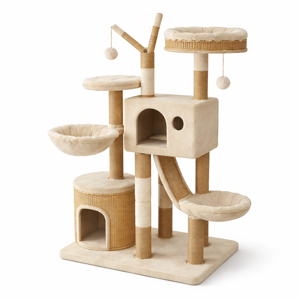 Árbol para gatos beige con plataformas de MDF y cuerda de sisal-nesttino