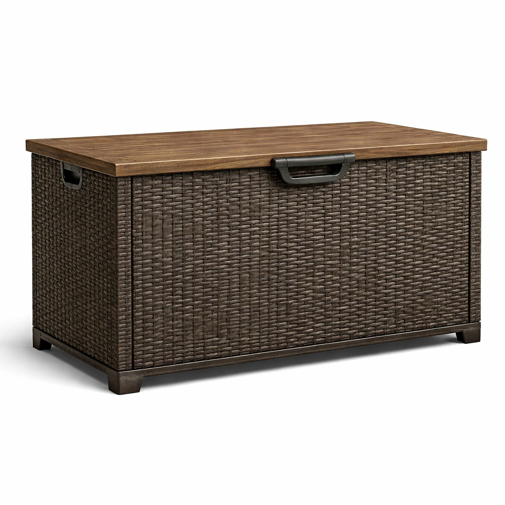 Arcón de almacenamiento para jardín de polipropileno marrón con tapa de madera 120x60x55 cm-nesttino