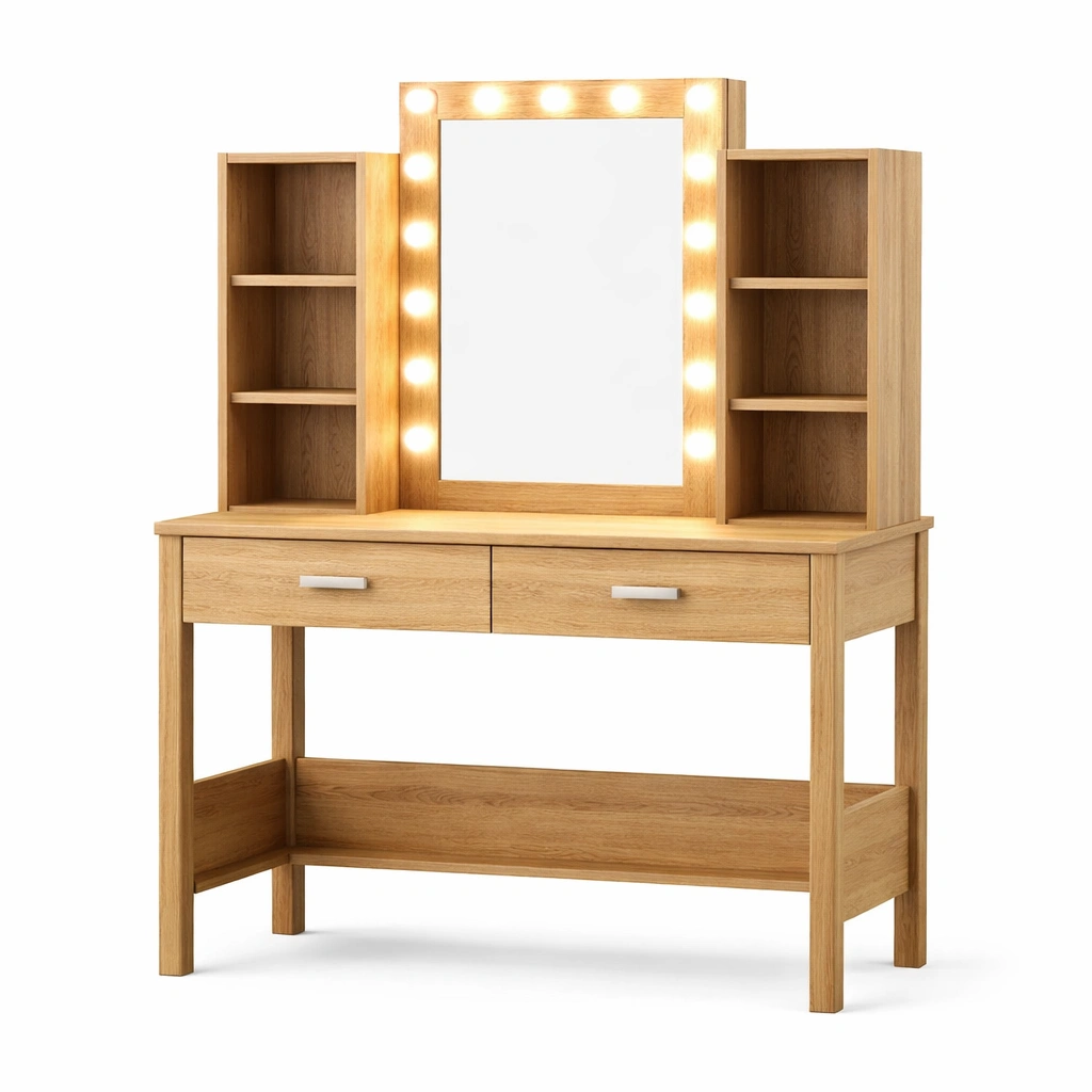Tocador de madera de roble con espejo iluminado LED y 2 cajones-nesttino