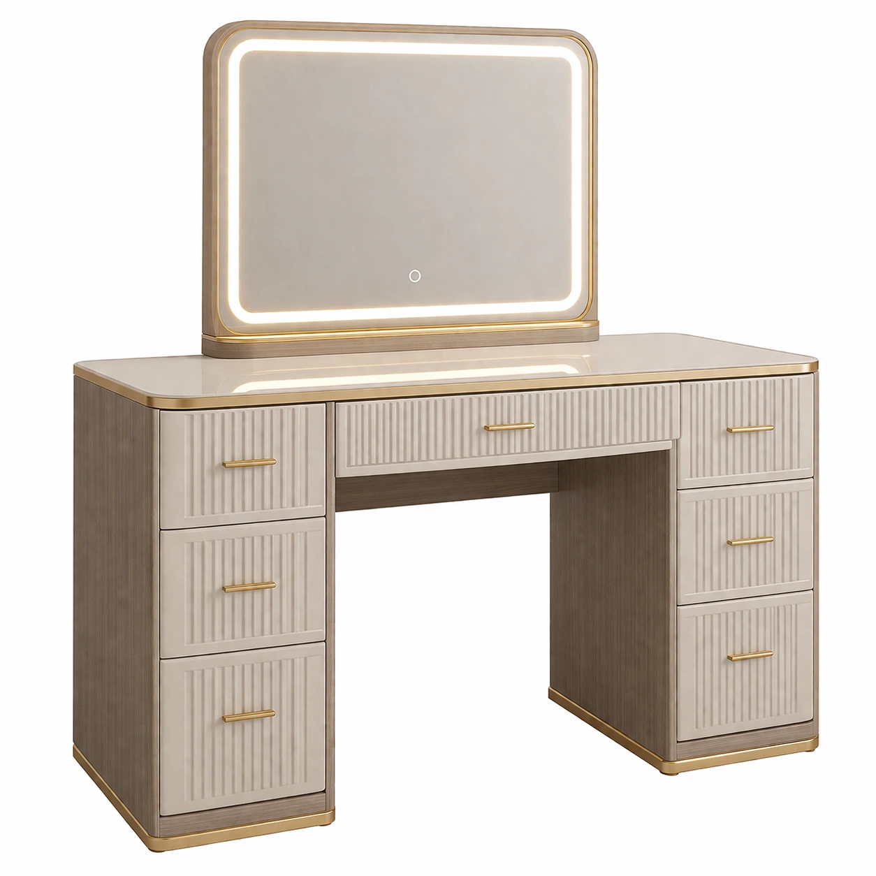 Tocador de madera con espejo LED y cajones beige y dorado-nesttino