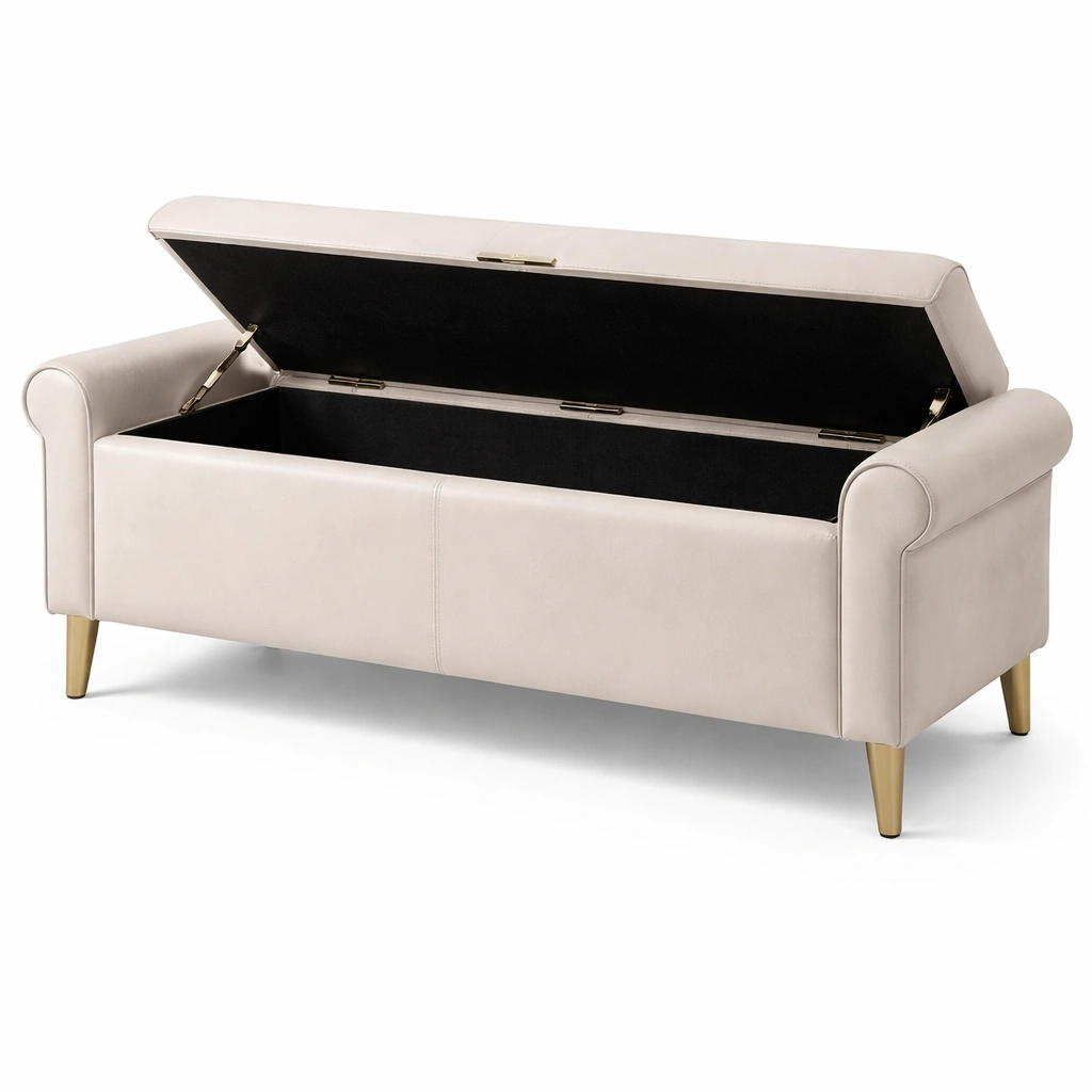 Banco con almacenamiento de piel sintética beige con patas metálicas-nesttino