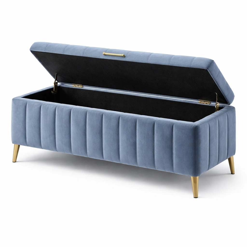 Banco con almacenamiento de terciopelo azul con patas doradas-nesttino