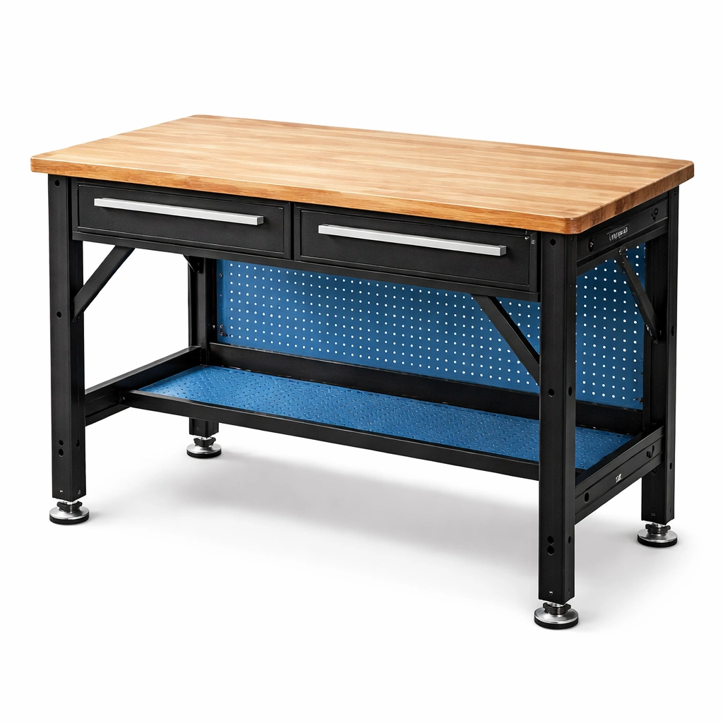 Banco de trabajo de bambú y acero negro con cajones-nesttino