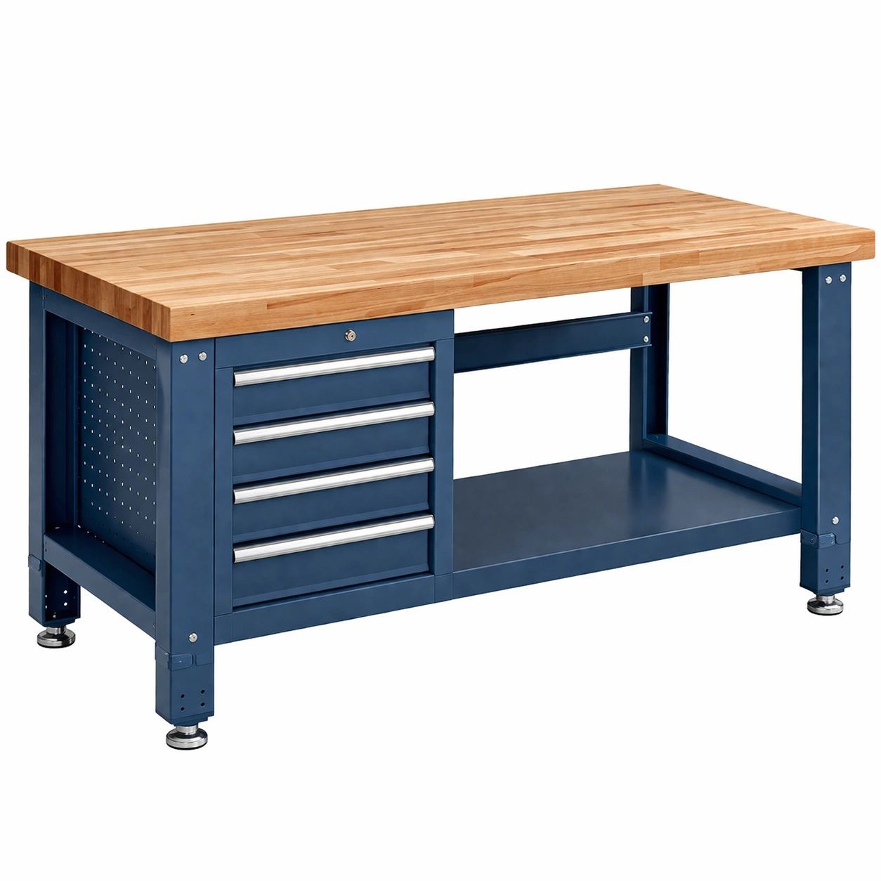 Banco de trabajo de acero azul con superficie de madera de haya-nesttino