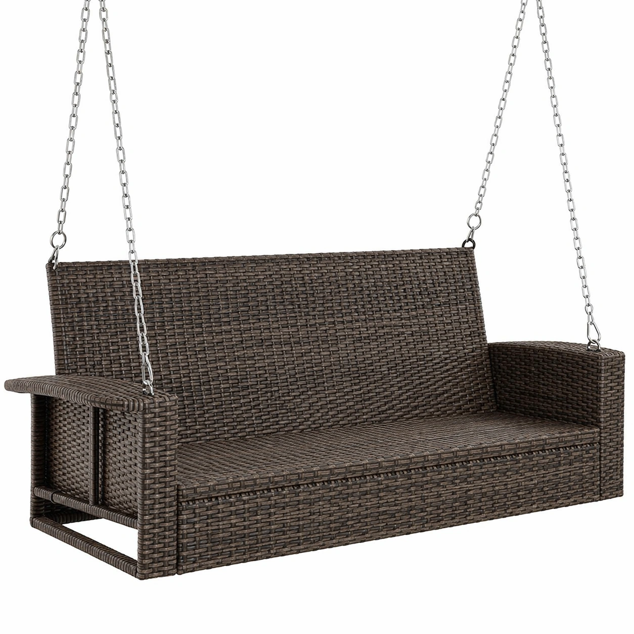Columpio de porche de ratán sintético marrón con cadenas de acero-nestzena