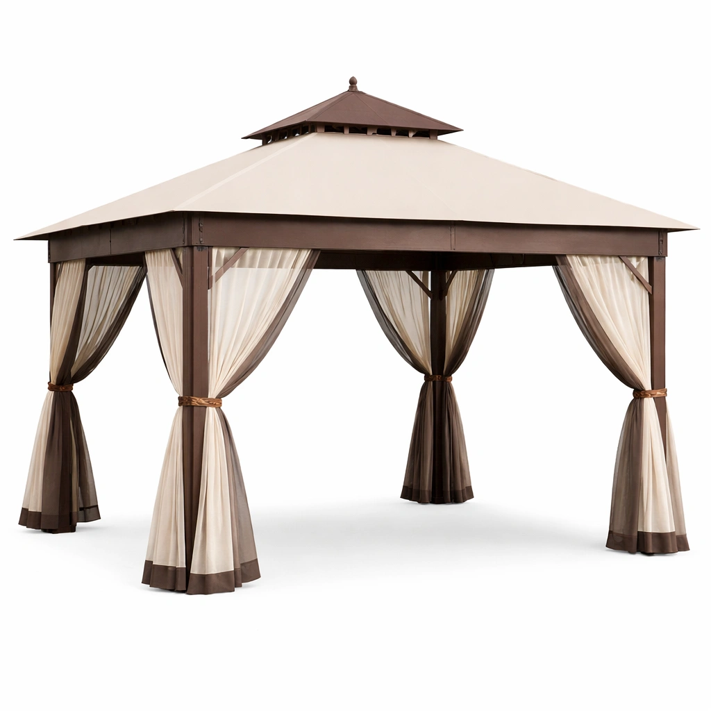 Gazebo de jardín de metal con techo de tela beige marrón-nestzena