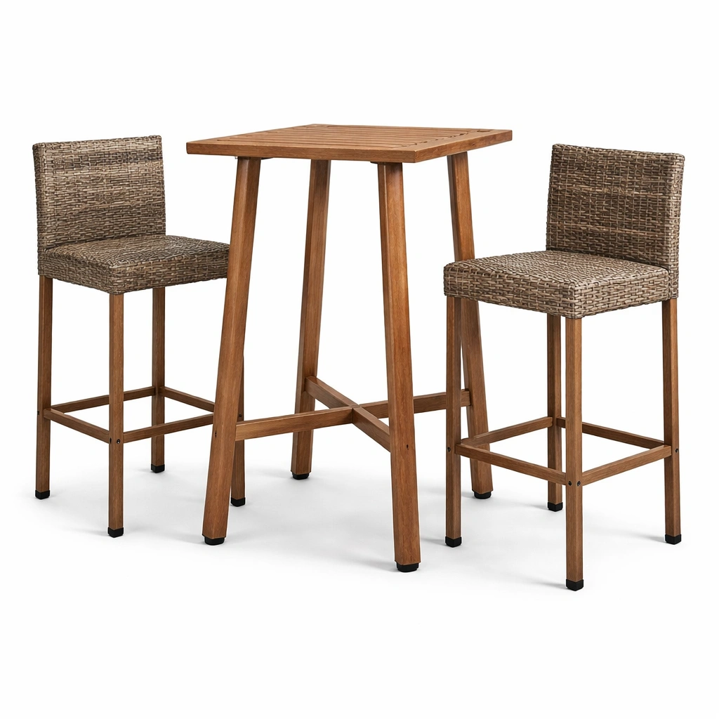 Juego de bar de mesa alta y sillas de madera de acacia y ratán sintético marrón-nestzena