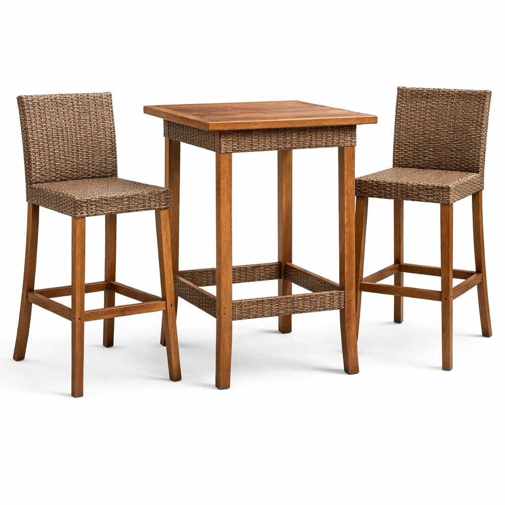 Juego de bar de mesa alta con dos sillas de madera de acacia y ratán sintético-nestzena