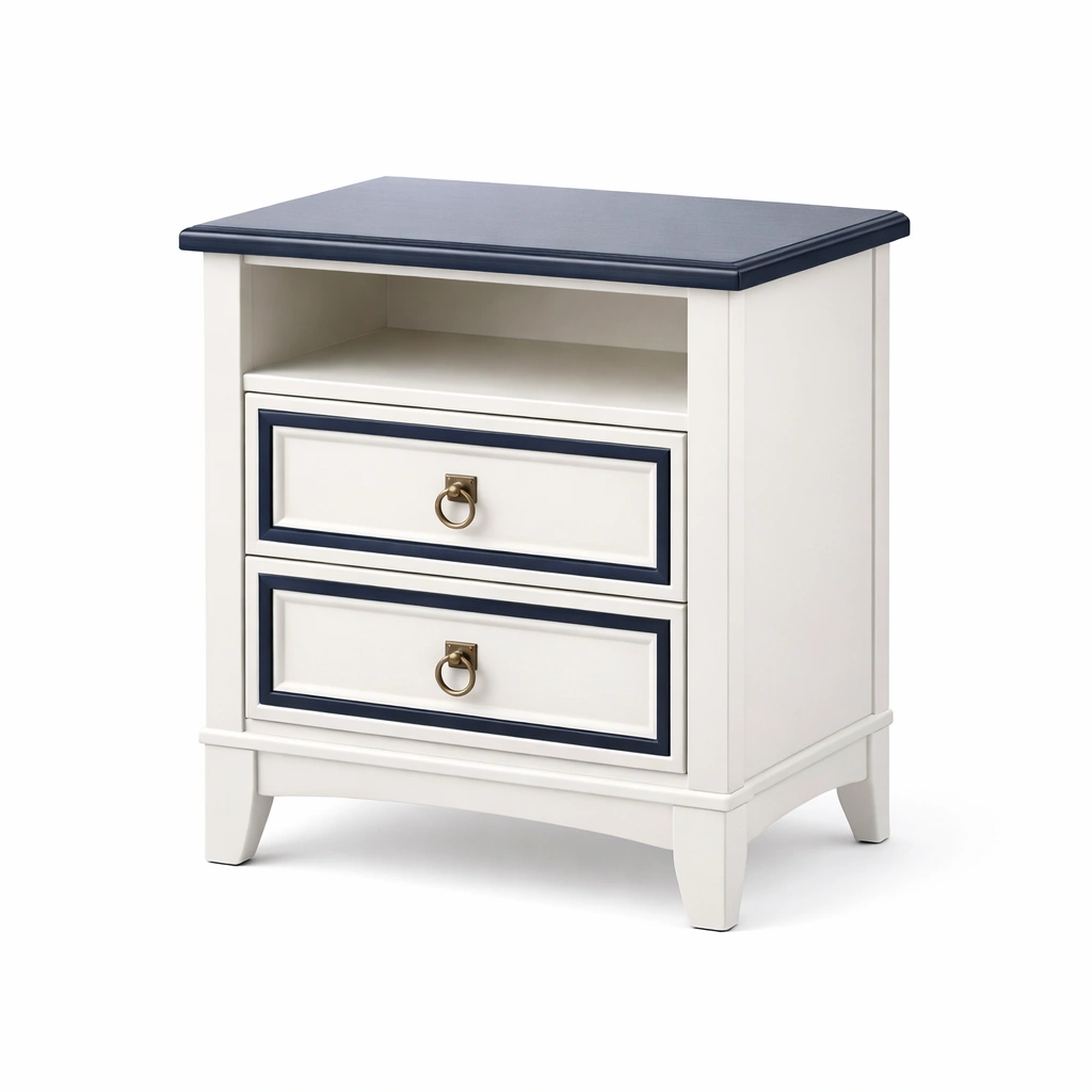 Mesita de noche de madera MDF blanco con detalles azules-nestzena