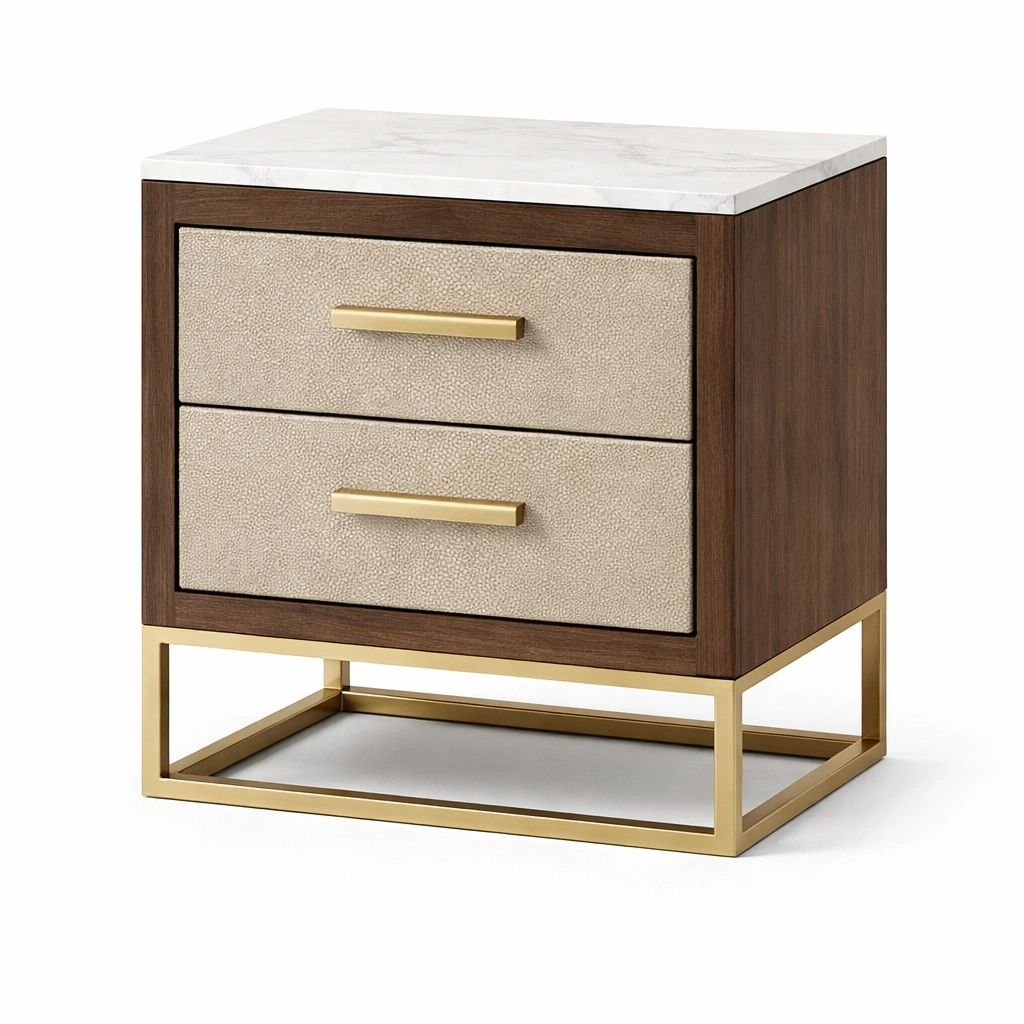Mesita de noche de madera con cajones y tapa de mármol-nestzena