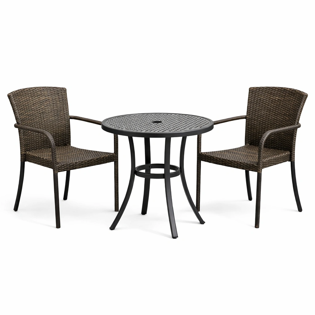 Juego de comedor exterior de aluminio negro y sillas de ratán sintético marrón-homlirio