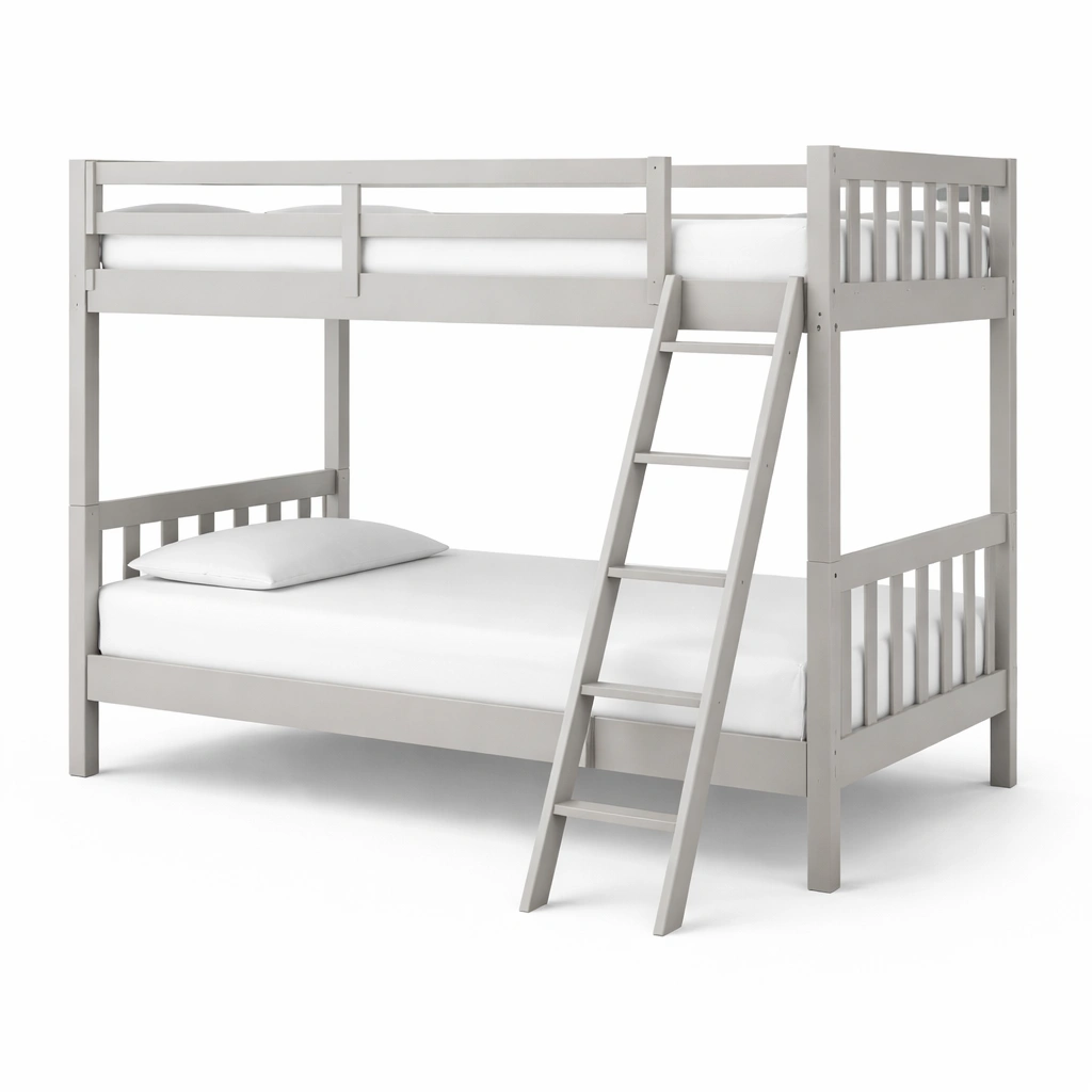 Litera de madera maciza gris con escalera y barandillas-homlirio