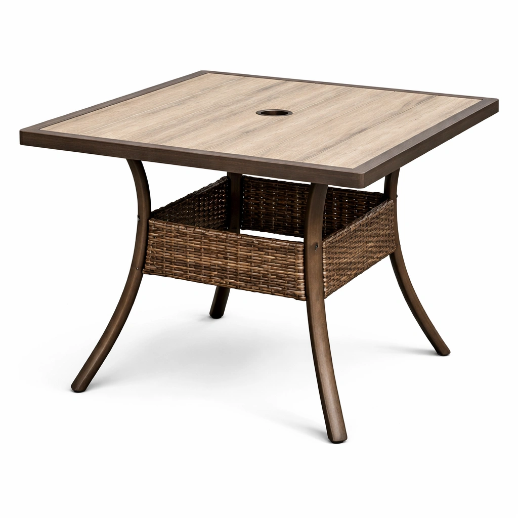 Mesa de comedor exterior cuadrada de aluminio y tablero de madera con centro de mimbre-homlirio