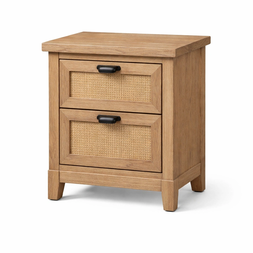 Mesita de noche de madera con ratán y dos cajones-homlirio