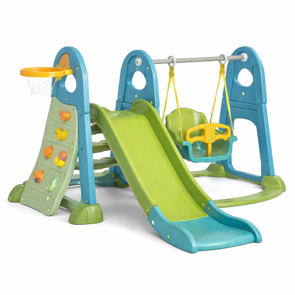 Parque infantil con tobogán columpio baloncesto y escalada de plástico-homlirio