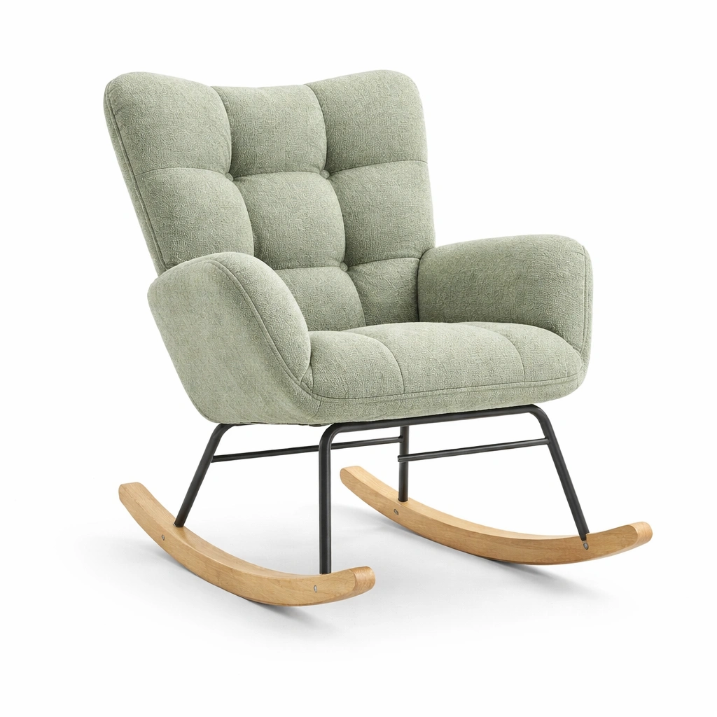 Silla mecedora de tela con estructura de acero y patas de madera-homlirio