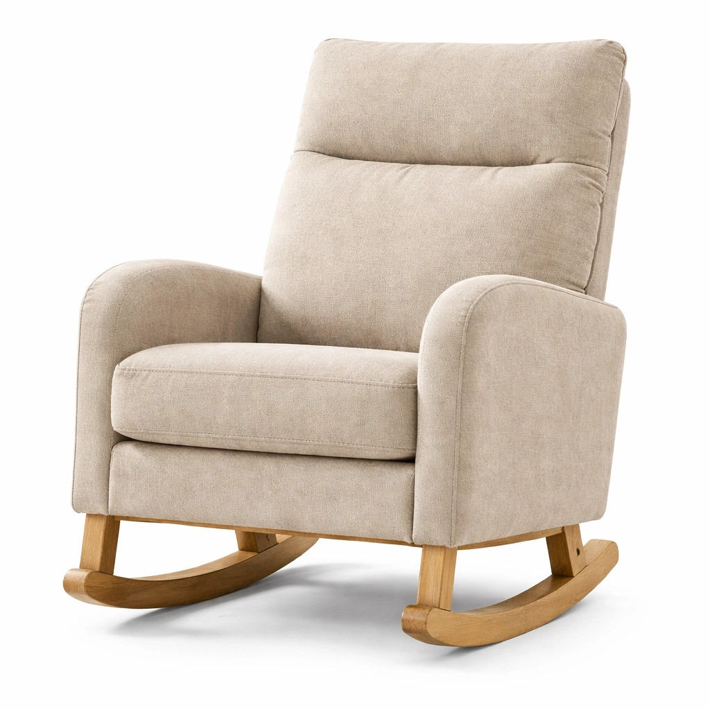 Silla mecedora de tela beige con base de madera-homlirio