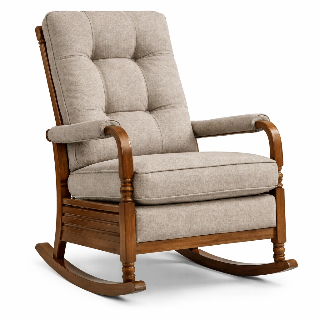 Silla mecedora de madera y lino beige-homlirio