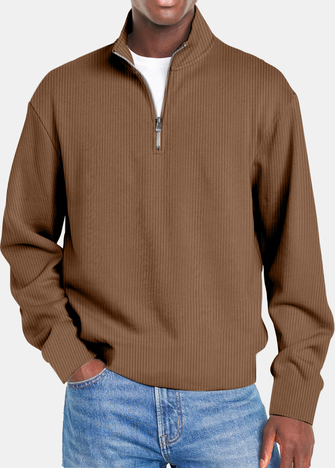 Men's Simple Vertical Strip Comfortable Zipper Long-sleeved Polo Shirt
