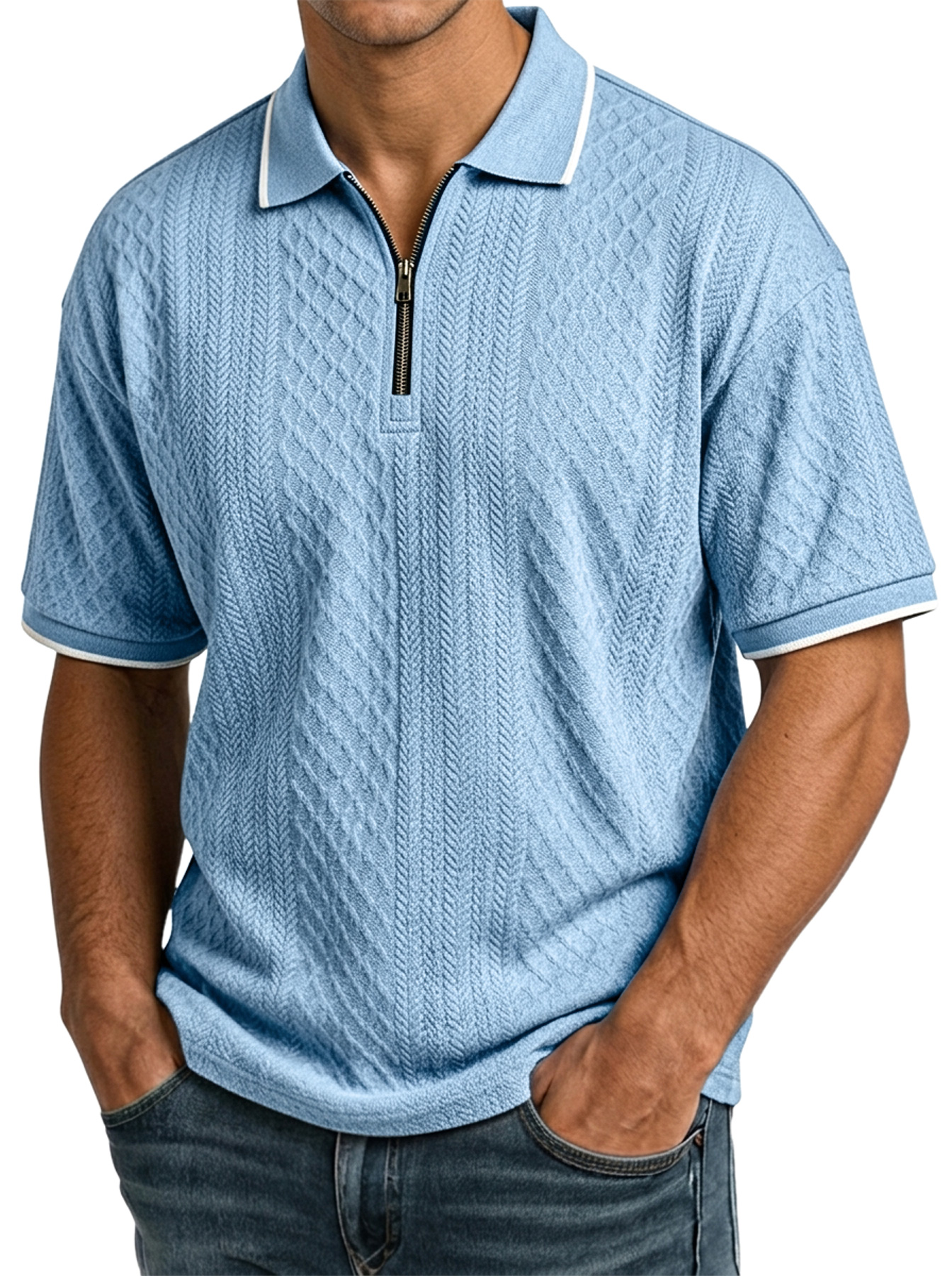 Men's Casual Jacquard Textured Collar Zipper Short-Sleeve Polo Shirt - The Comfortable Polo Men Wear On Repeat