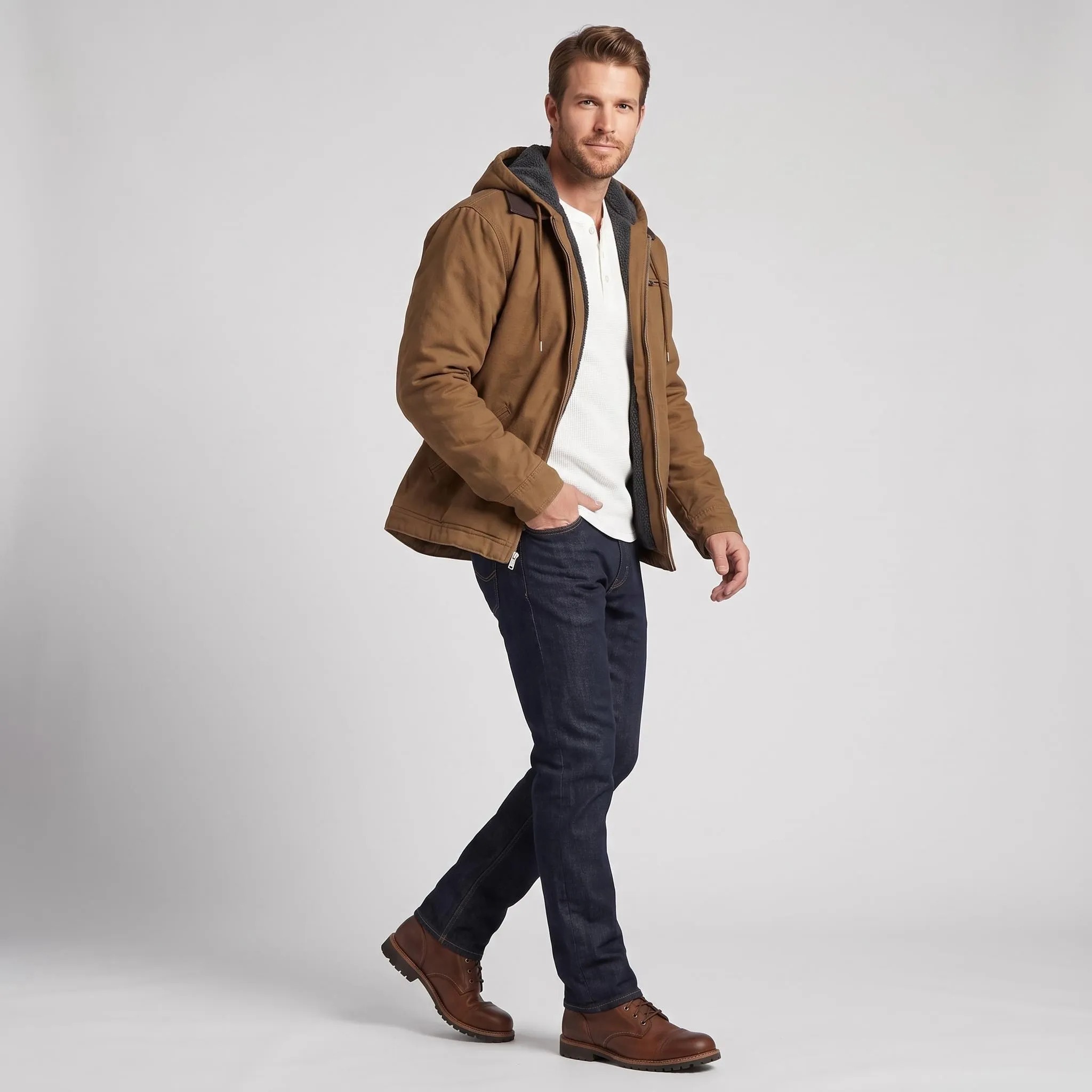 Men wearing sherpa lined cargo winter jacket