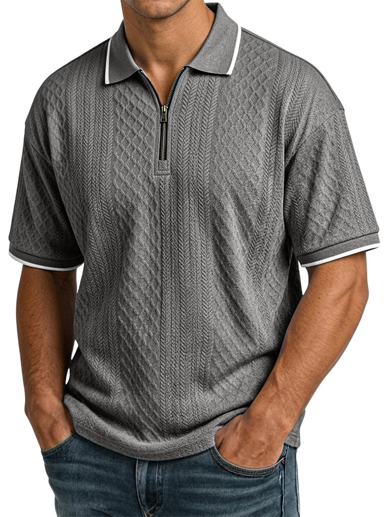 Men's Casual Jacquard Textured Collar Zipper Short-Sleeve Polo Shirt - The Comfortable Polo Men Wear On Repeat