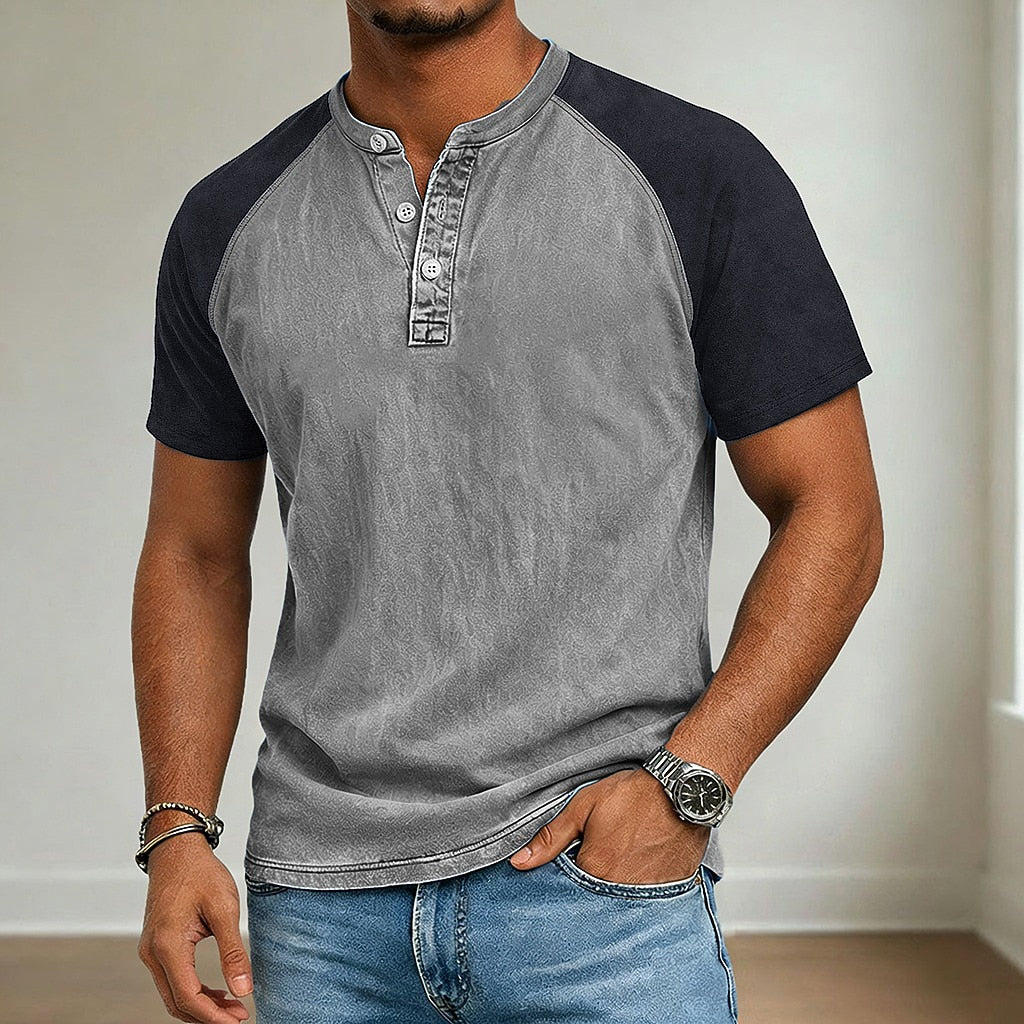 100% Cotton Acid Wash Henley T-Shirt