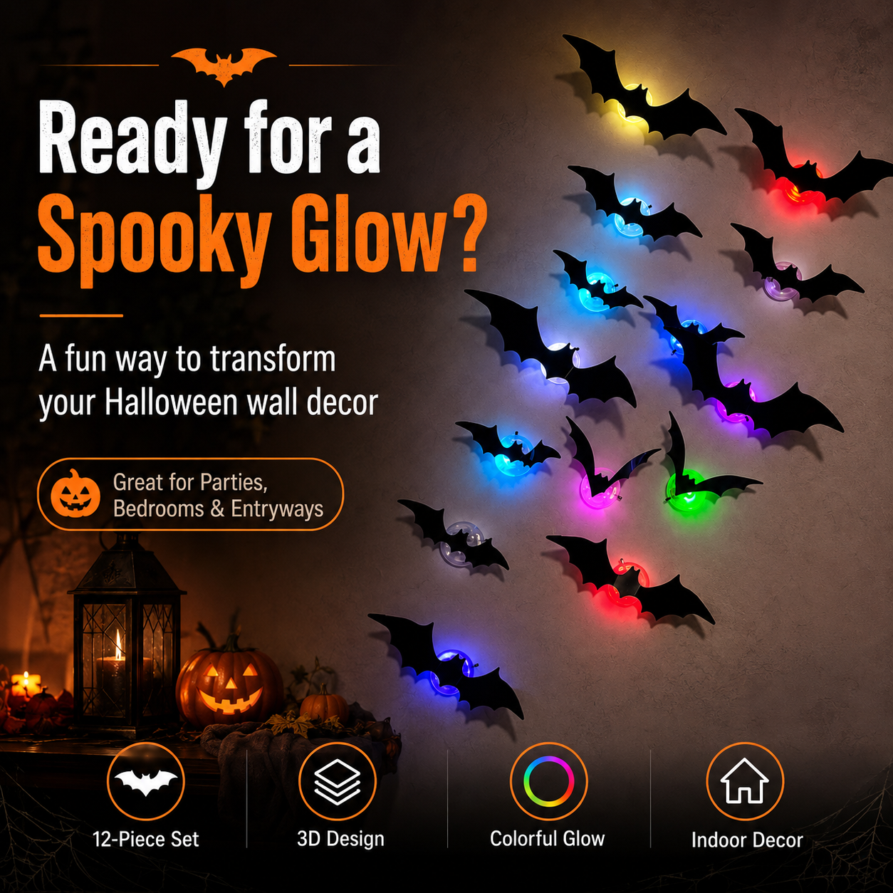 LED Halloween Bat Wall Decor – Colorful Glowing Flying Bats