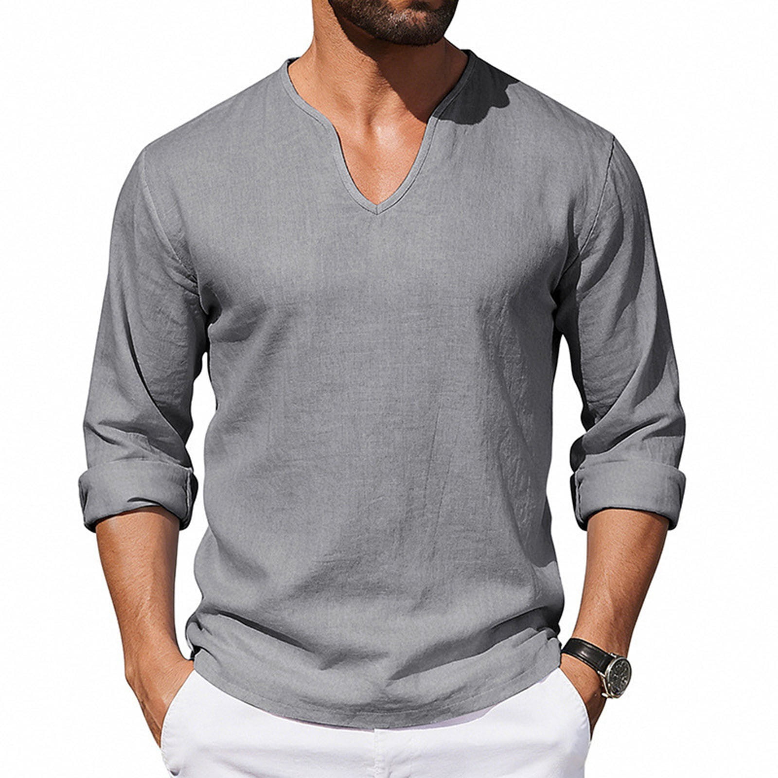 Cotton Linen Shirts for Men 2026 Spring Summer Casual Lightweight Relaxed Fit Long Sleeve V Neck Plain Shirt