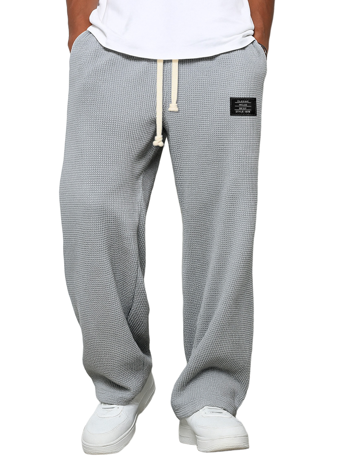 Lässige Herrenhose mit Waffelmuster und Logostickerei, schlichte, einfarbige Hose