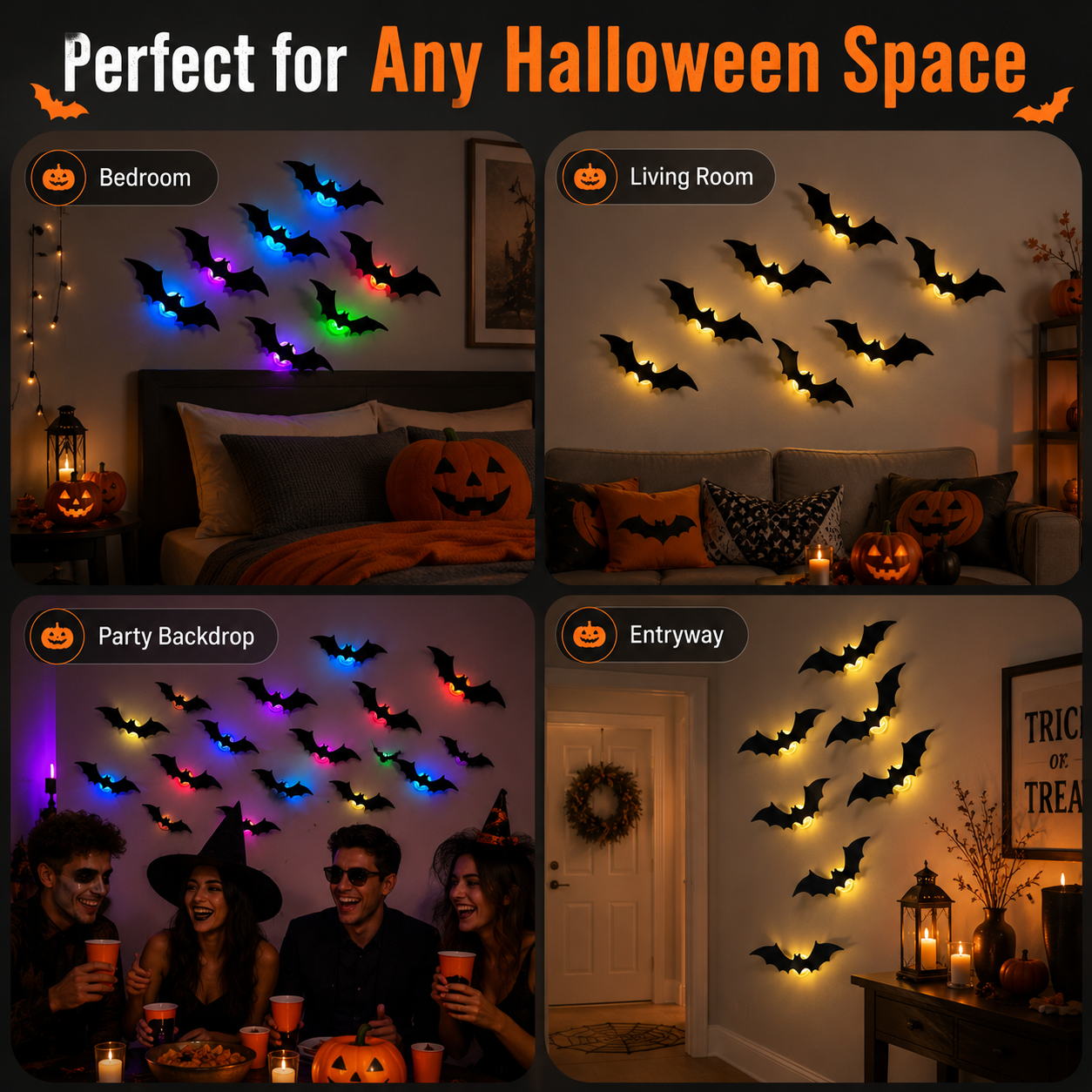 LED Halloween Bat Wall Decor – Colorful Glowing Flying Bats