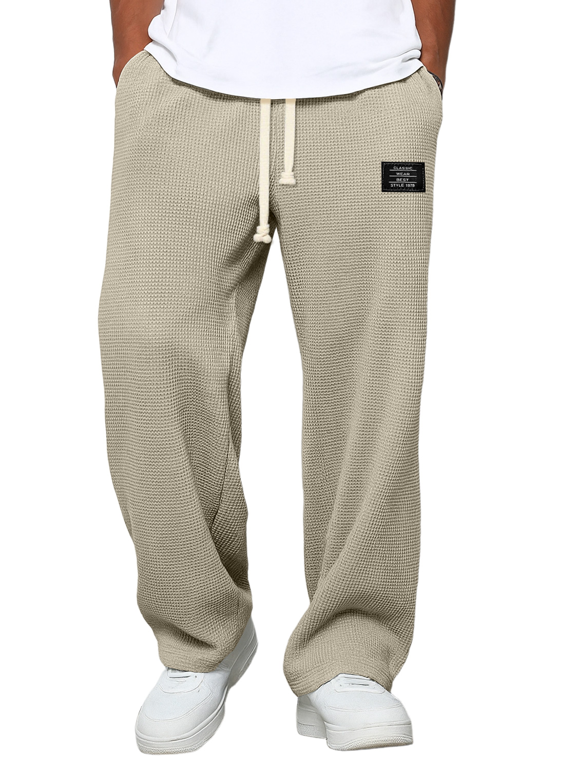 Lässige Herrenhose mit Waffelmuster und Logostickerei, schlichte, einfarbige Hose