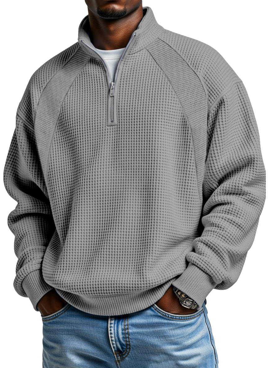 Grey textured waffle long sleeve pullover with relaxed fit and ribbed cuffs