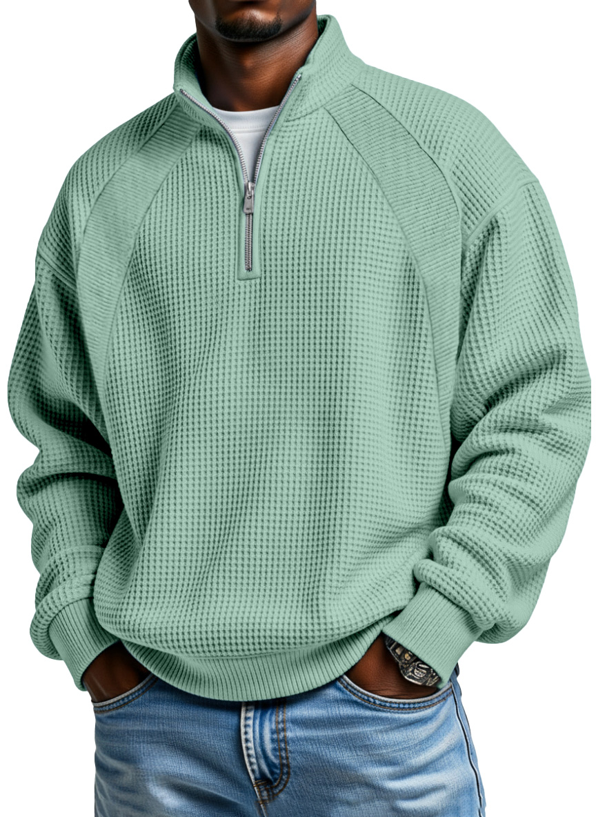 Men's textured waffle stand collar quarter zip pullover in sage green