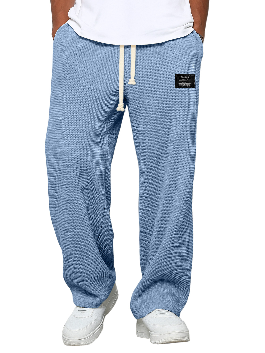 Lässige Herrenhose mit Waffelmuster und Logostickerei, schlichte, einfarbige Hose