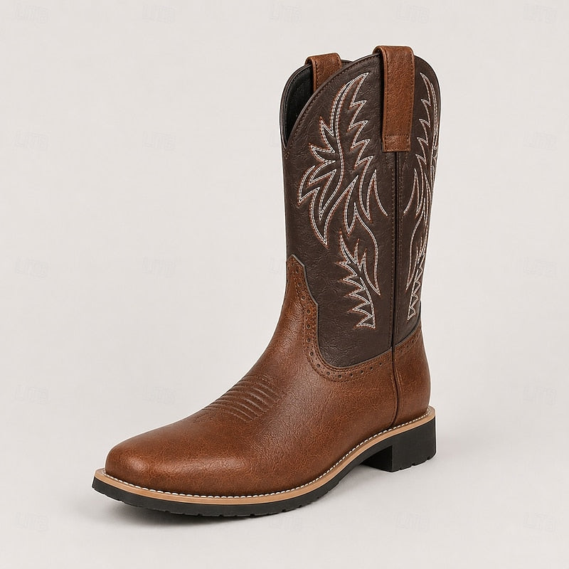 Men's Brown Leather Cowboy Boots, Western Boots with Embroidered Shaft, Square Toe, Pull-On Design & Block Heel for Cowboys, Ranchers, Rodeo and Country Outdoor Wear