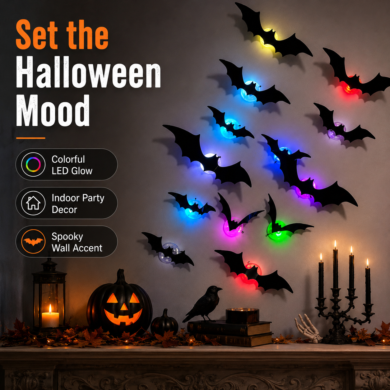 LED Halloween Bat Wall Decor – Colorful Glowing Flying Bats
