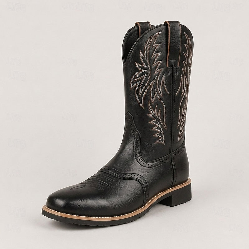 Men's Brown Leather Cowboy Boots, Western Boots with Embroidered Shaft, Square Toe, Pull-On Design & Block Heel for Cowboys, Ranchers, Rodeo and Country Outdoor Wear