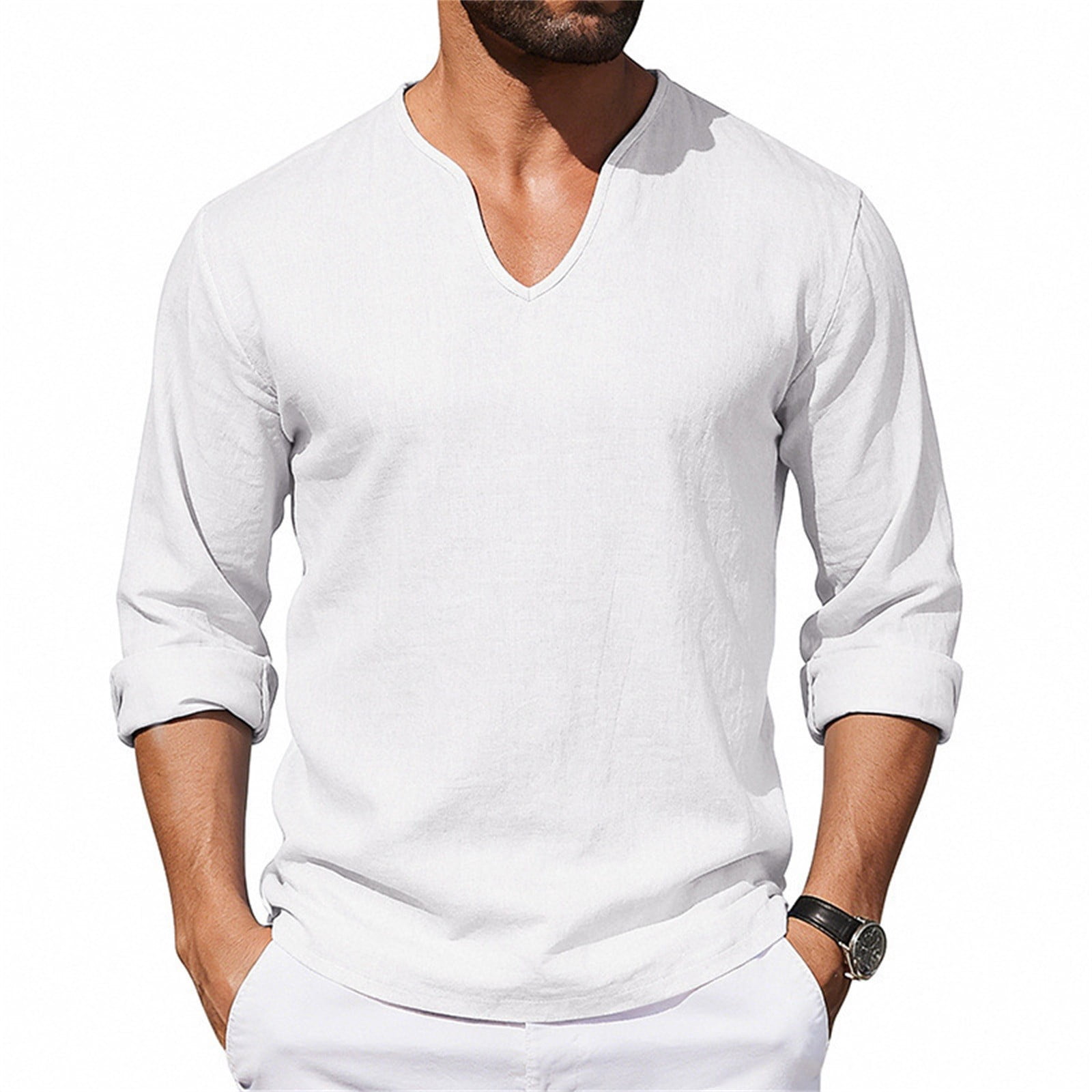 Cotton Linen Shirts for Men 2026 Spring Summer Casual Lightweight Relaxed Fit Long Sleeve V Neck Plain Shirt
