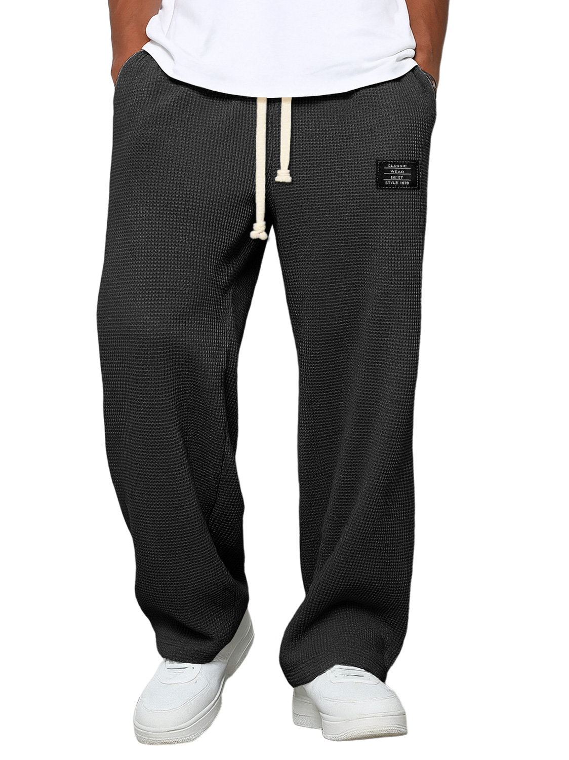 Lässige Herrenhose mit Waffelmuster und Logostickerei, schlichte, einfarbige Hose