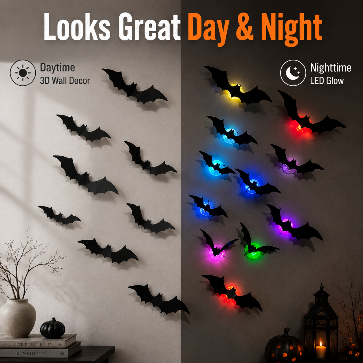 LED Halloween Bat Wall Decor – Colorful Glowing Flying Bats
