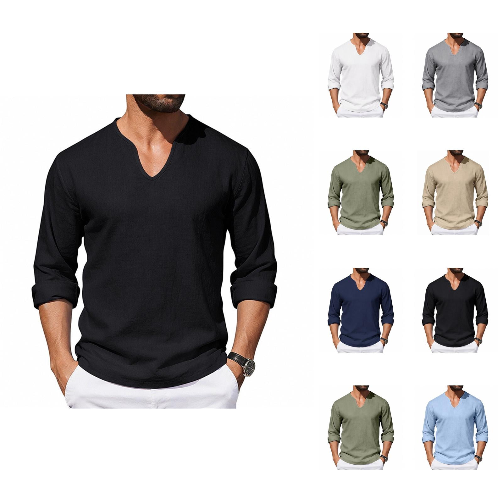 Cotton Linen Shirts for Men 2026 Spring Summer Casual Lightweight Relaxed Fit Long Sleeve V Neck Plain Shirt