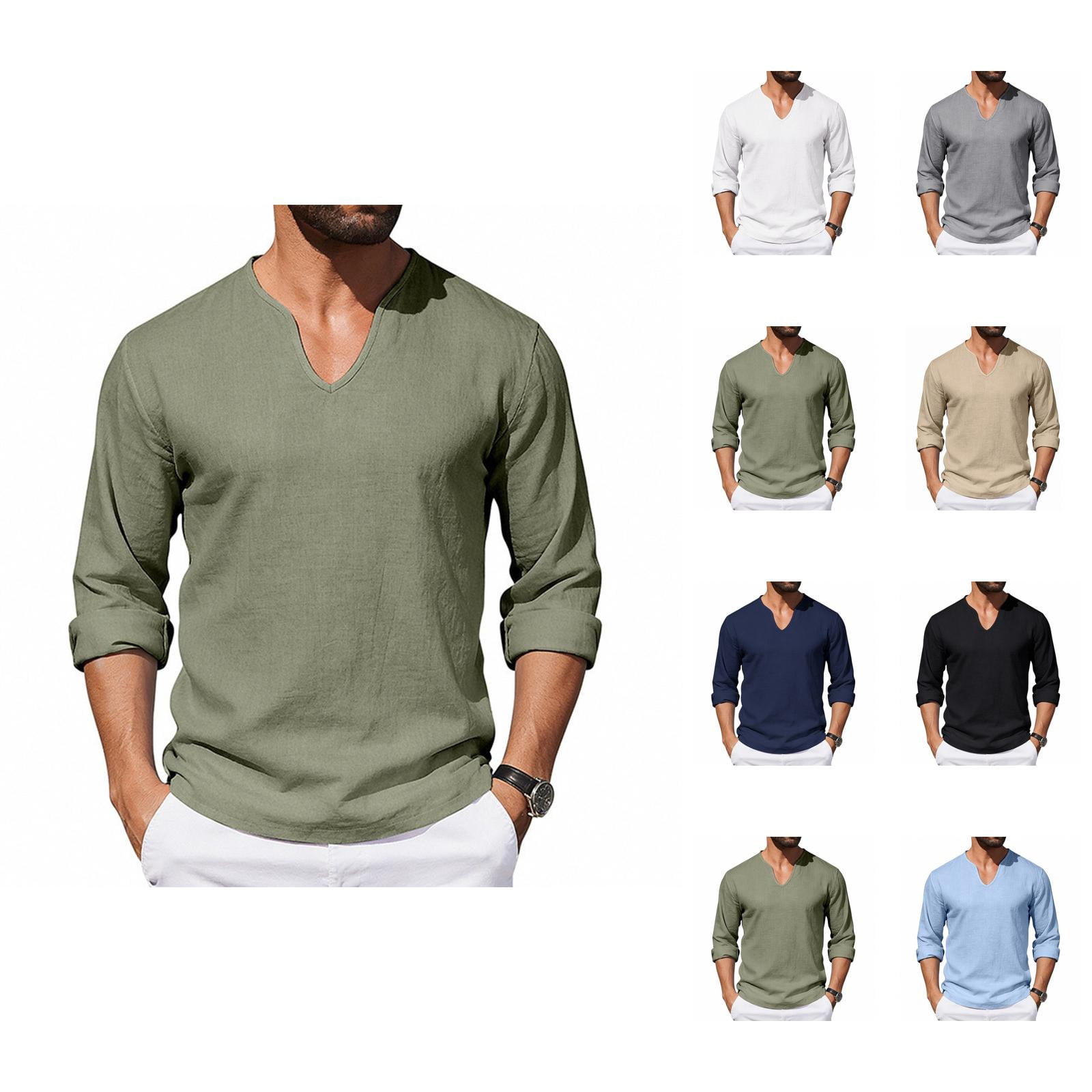 Cotton Linen Shirts for Men 2026 Spring Summer Casual Lightweight Relaxed Fit Long Sleeve V Neck Plain Shirt