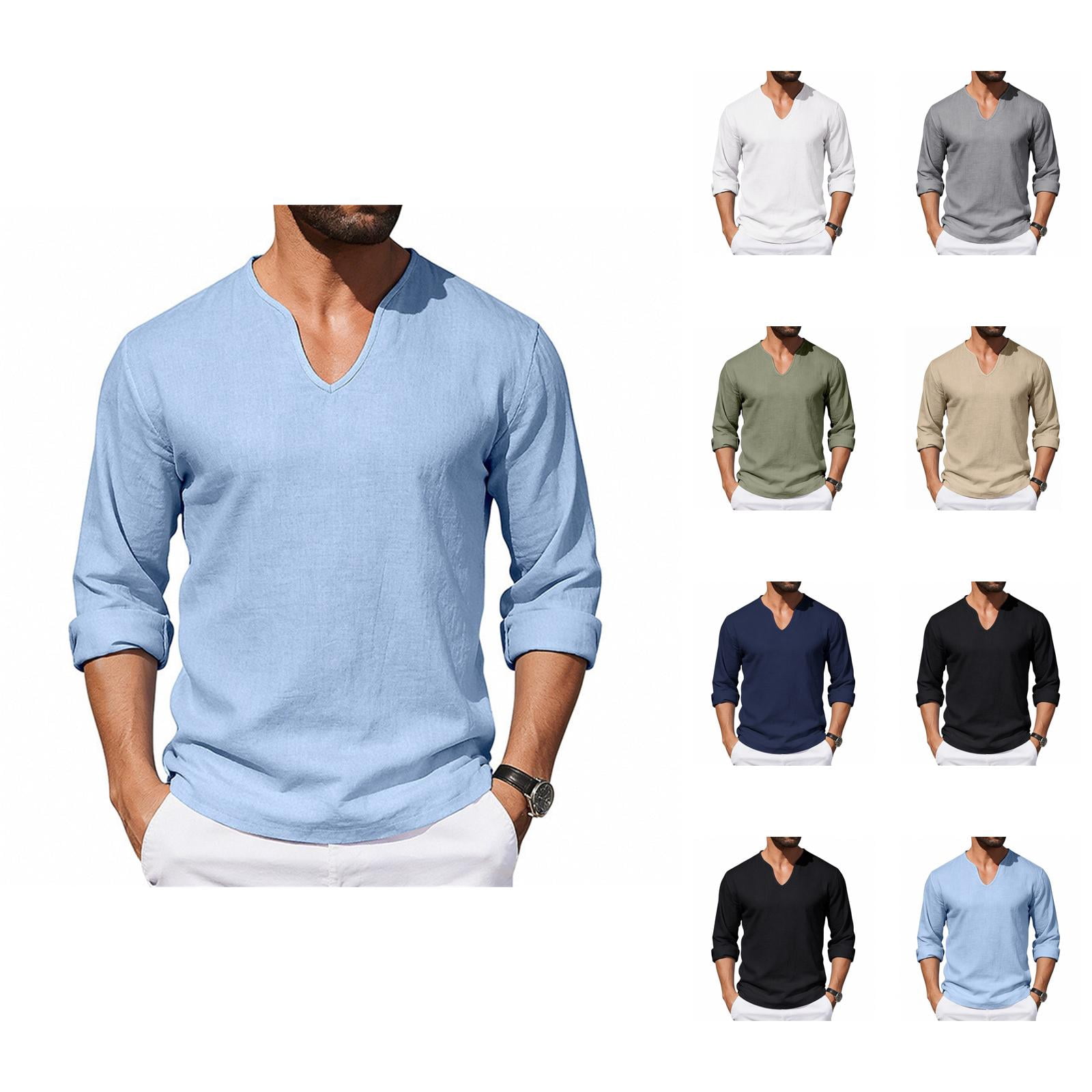 Cotton Linen Shirts for Men 2026 Spring Summer Casual Lightweight Relaxed Fit Long Sleeve V Neck Plain Shirt