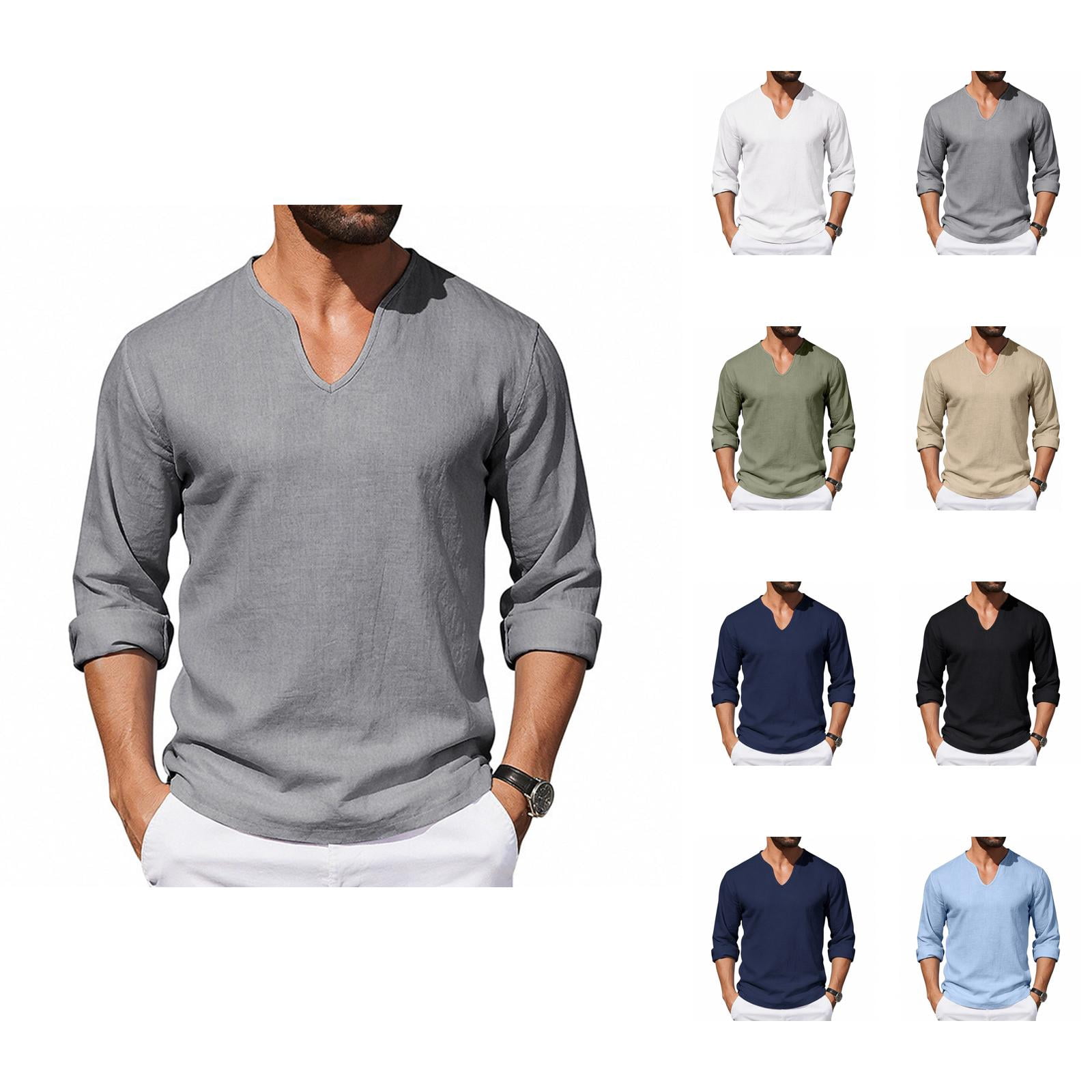 Cotton Linen Shirts for Men 2026 Spring Summer Casual Lightweight Relaxed Fit Long Sleeve V Neck Plain Shirt